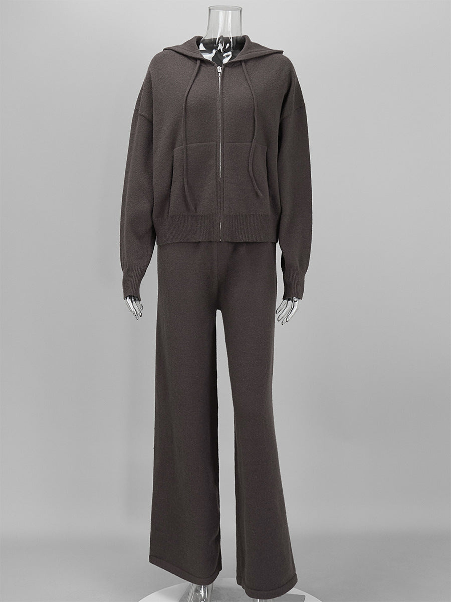 Zip Up Knit Hoodie and Wide Leg Pants Set - Grey