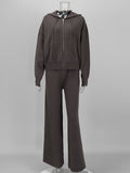 Zip Up Knit Hoodie and Wide Leg Pants Set - Grey