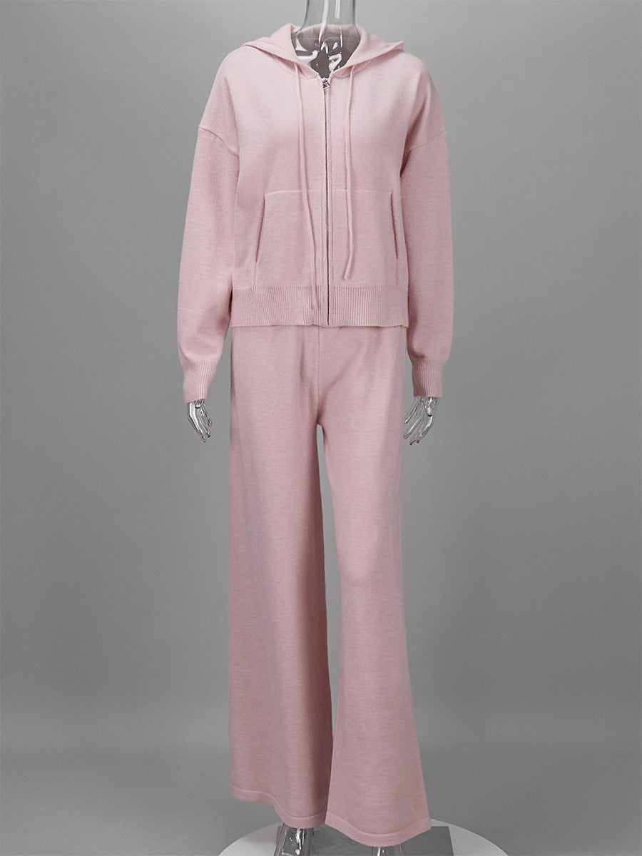 Zip Up Knit Hoodie and Wide Leg Pants Set - Pink