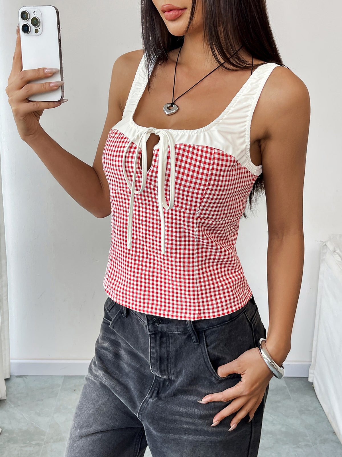 Gingham Lace Up Corset Tank Top - Red - 2