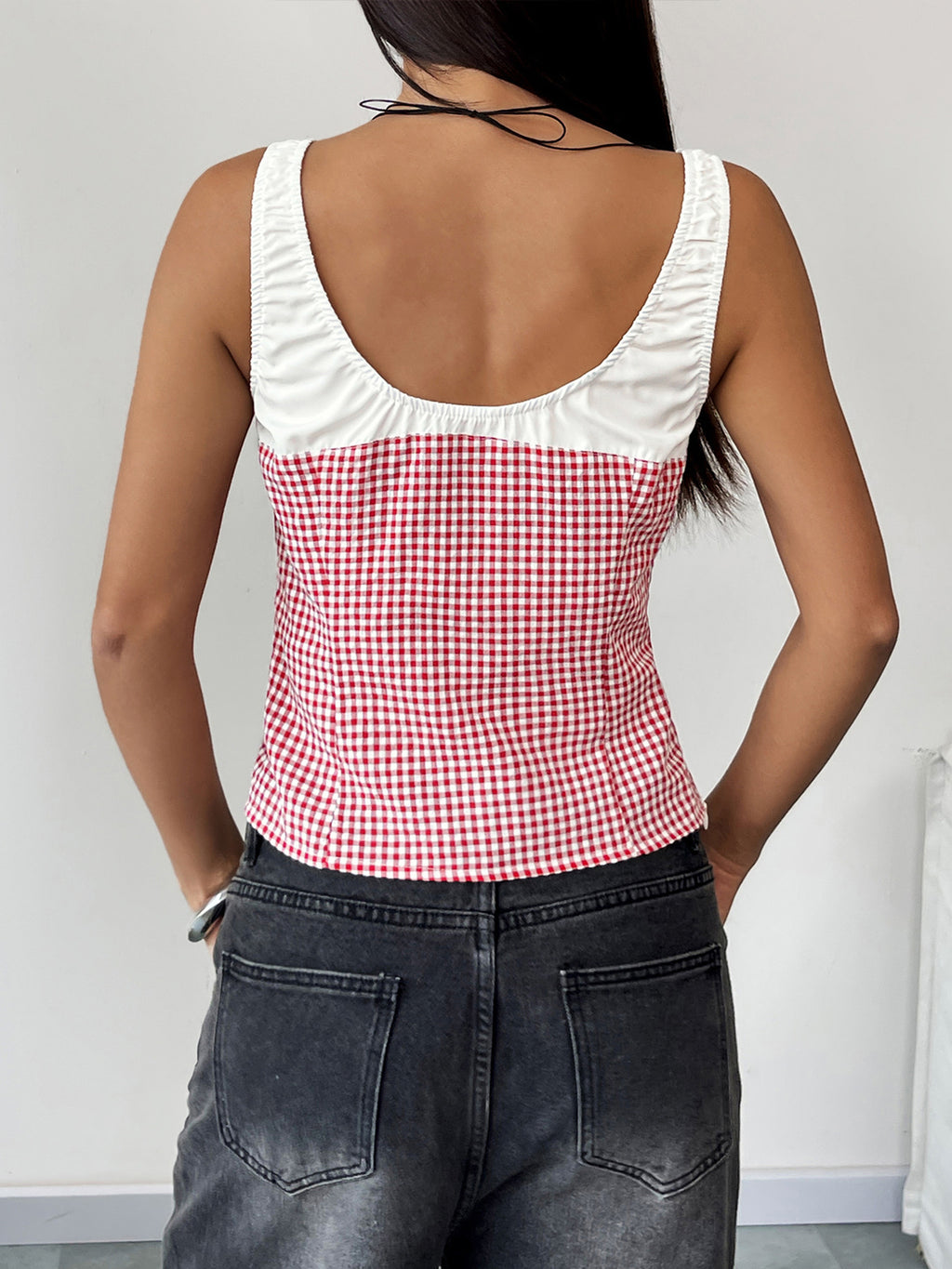 Gingham Lace Up Corset Tank Top - Red - 4