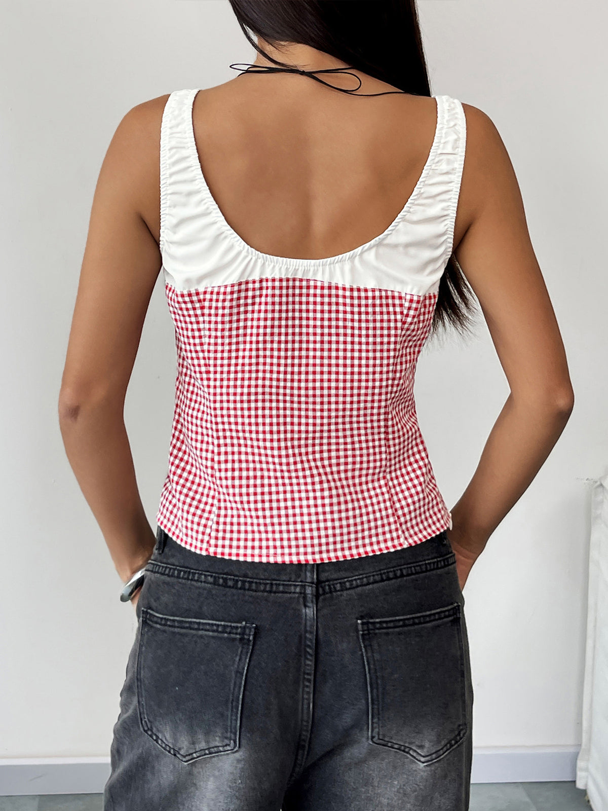 Gingham Lace Up Corset Tank Top - Red - 4