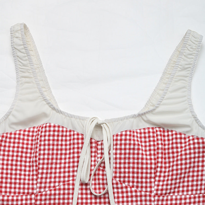 Gingham Lace Up Corset Tank Top - Red - 6