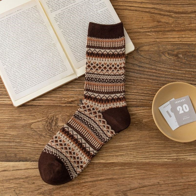 Retro Fair Isle Crew Socks - Coffee
