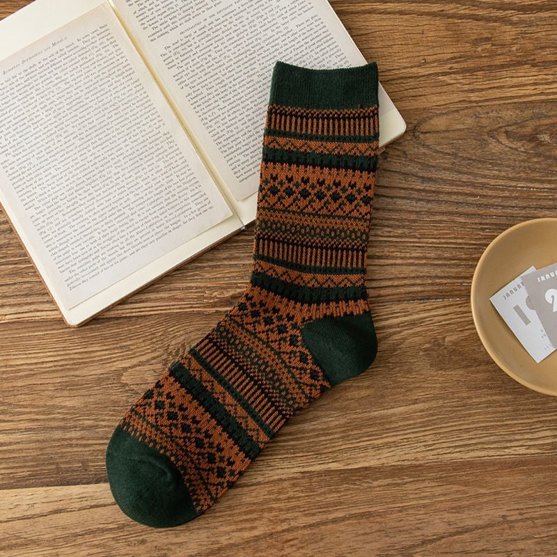 Retro Fair Isle Crew Socks - DkGreen