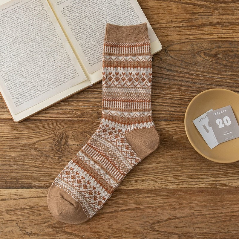 Retro Fair Isle Crew Socks - Khaki