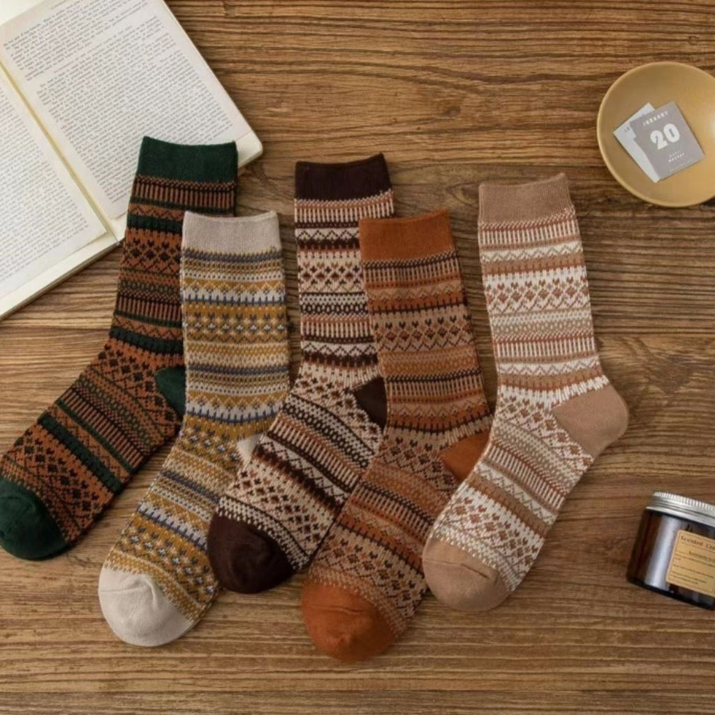 Retro Fair Isle Crew Socks - Orange