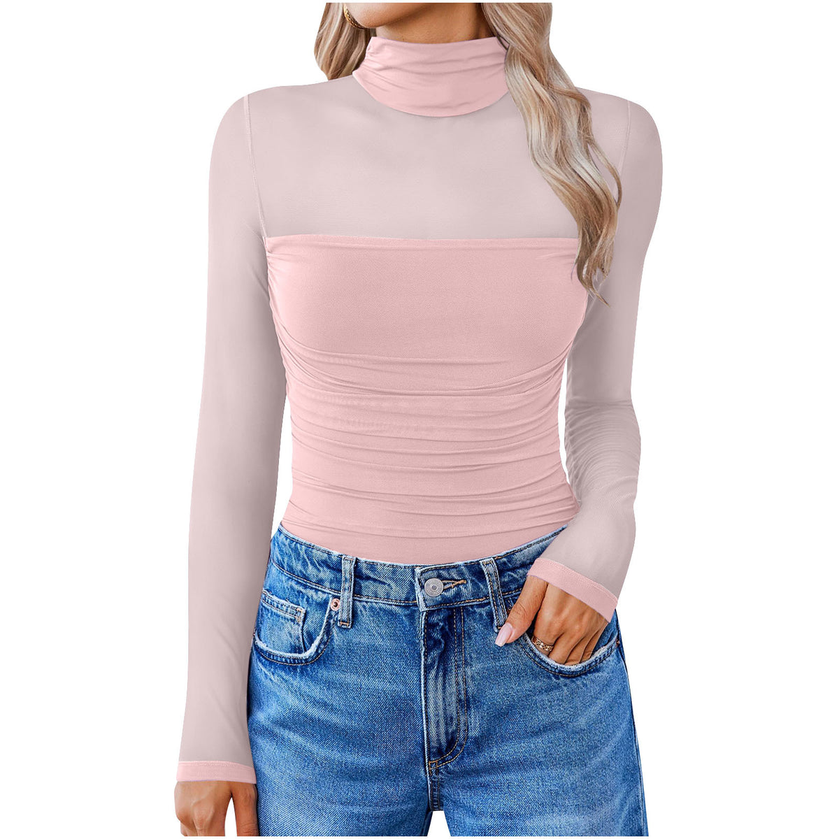 Y2K Mesh Sleeve Ruched Turtleneck Bodysuit - Pink