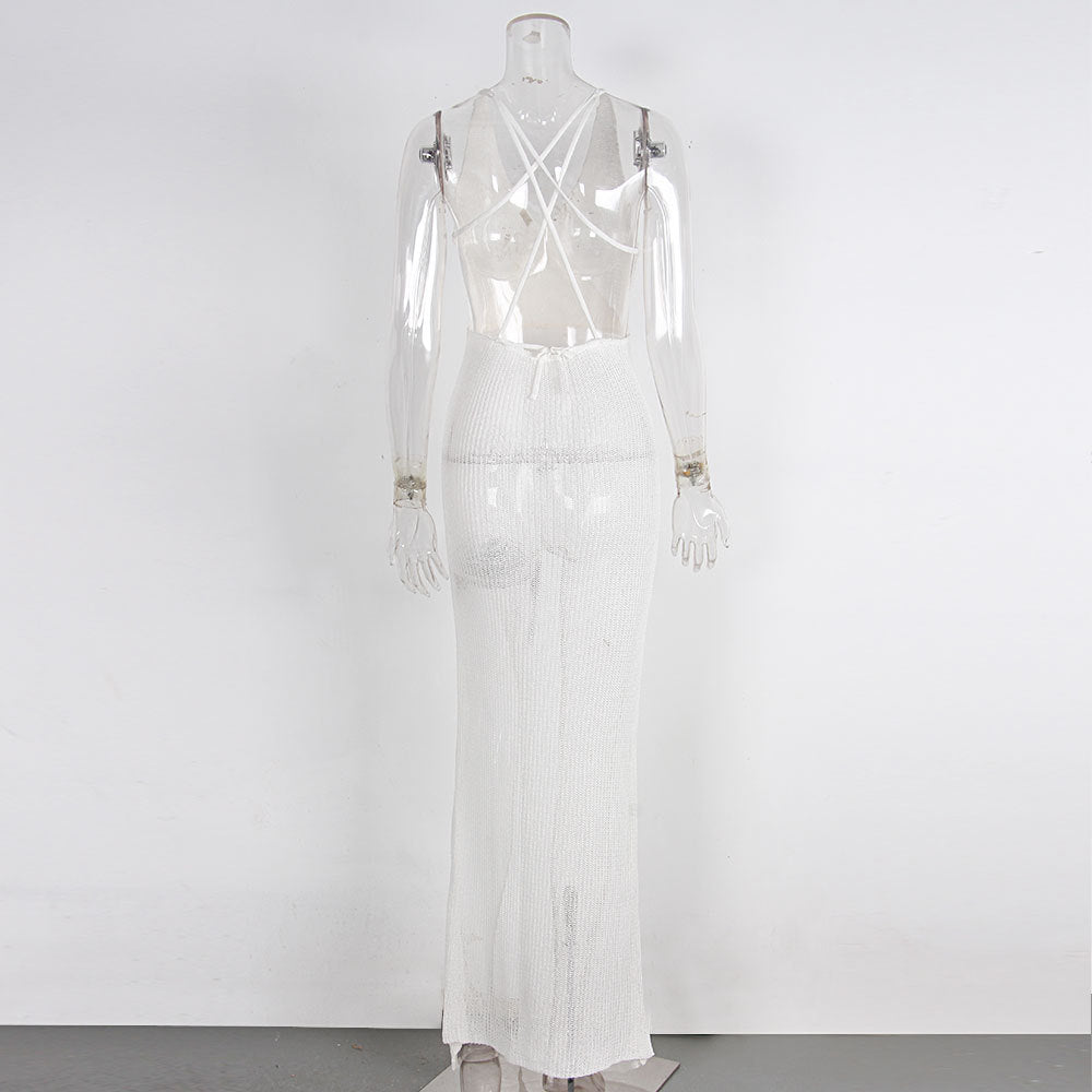 Lace Up Back Sheer Knit Beach Cover Up - White - 5
