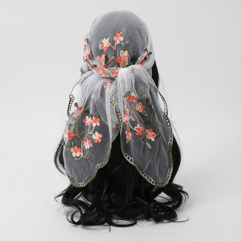 Sheer Organza Bandana With Blossom Embroidery - White