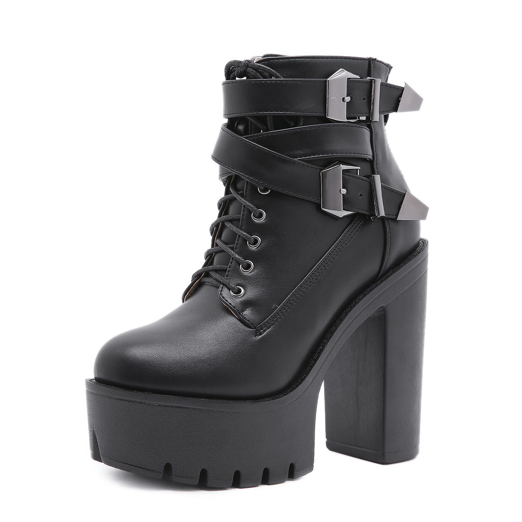 Chunky Heel Platform Lace-Up Buckle Ankle Boots - Black