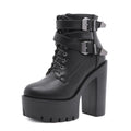 Chunky Heel Platform Lace-Up Buckle Ankle Boots - Black