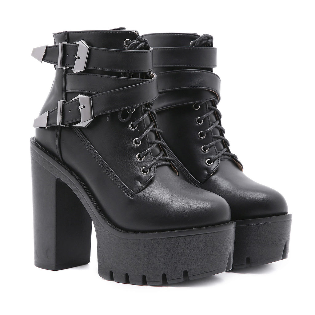Chunky Heel Platform Lace-Up Buckle Ankle Boots