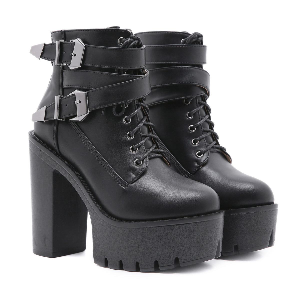 Chunky Heel Platform Lace-Up Buckle Ankle Boots