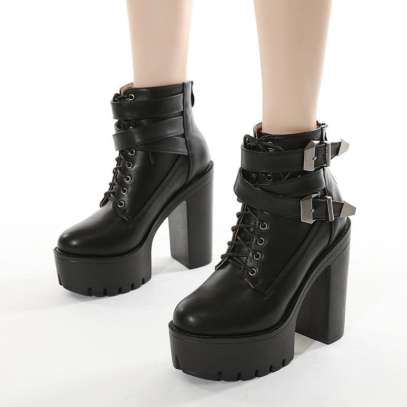 Chunky Heel Platform Lace-Up Buckle Ankle Boots
