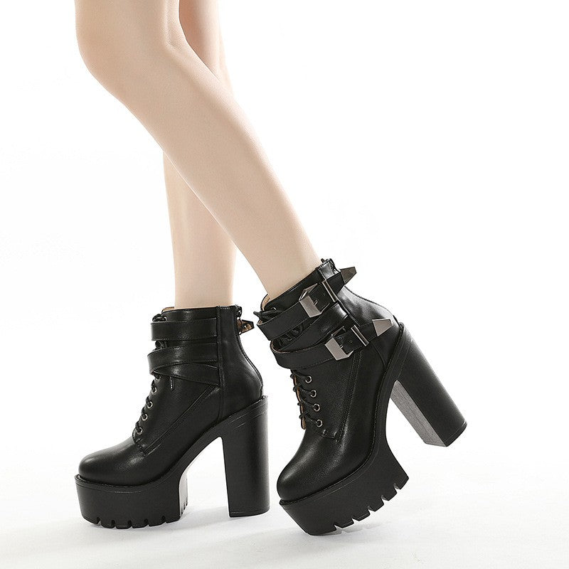 Chunky Heel Platform Lace-Up Buckle Ankle Boots