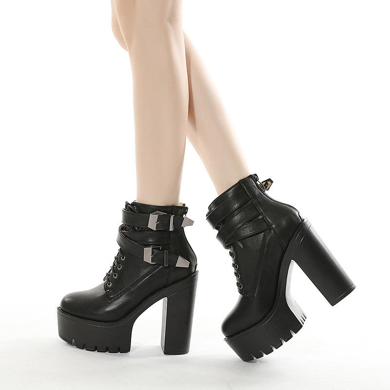 Chunky Heel Platform Lace-Up Buckle Ankle Boots