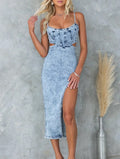 Cutout Waist High Slit Denim Midi Dress - Blue