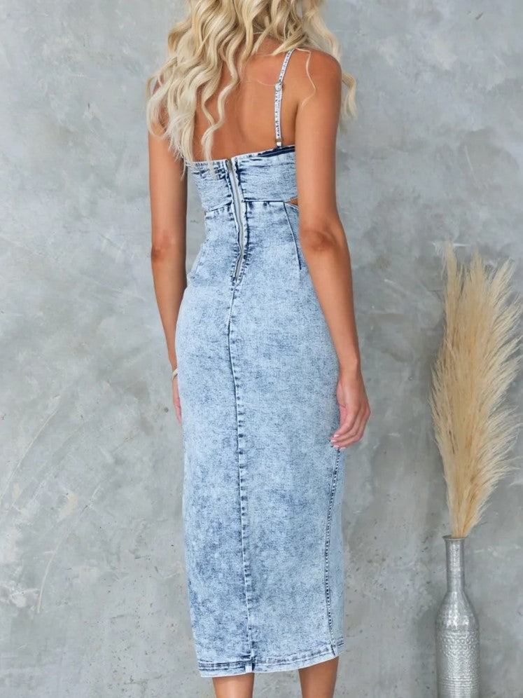 Cutout Waist High Slit Denim Midi Dress - Blue - 2