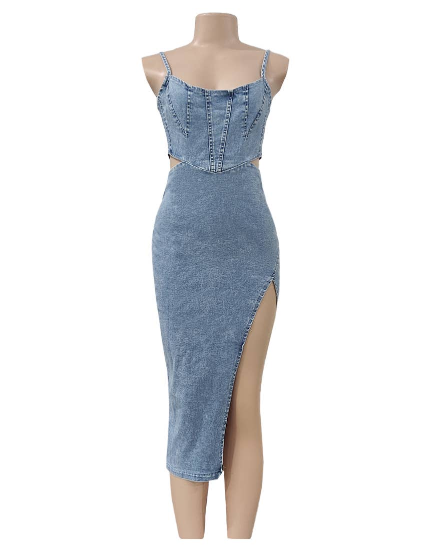 Cutout Waist High Slit Denim Midi Dress