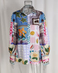 Patchwork Print Long Sleeve Button Shirt - Purple