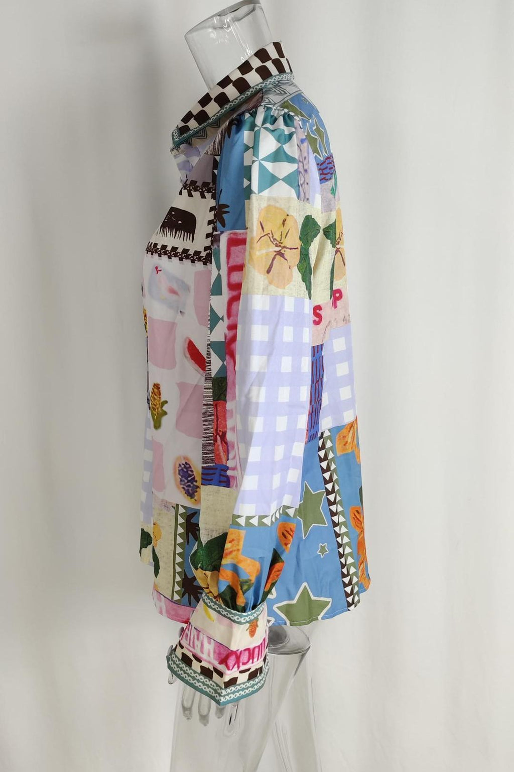 Patchwork Print Long Sleeve Button Shirt - Purple - 1