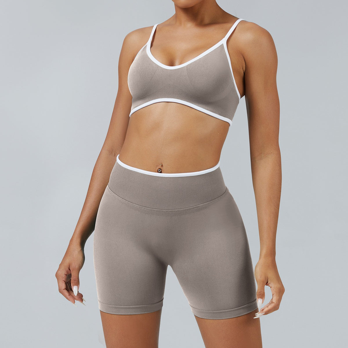 Seamless Contrast Trim Workout Bra and Bike Shorts Set - Stone