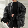 Faux Leather Double-Breasted Oversized Jacket - Black