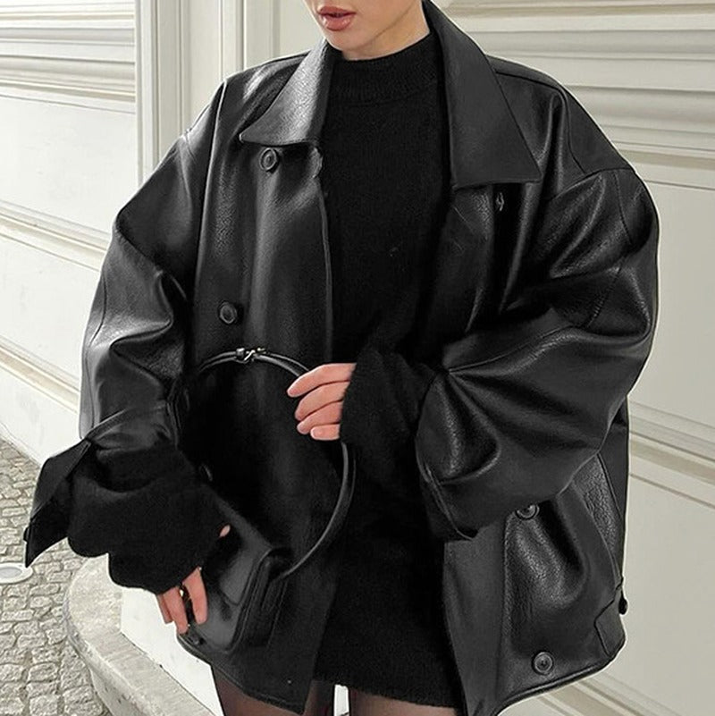 Faux Leather Double-Breasted Oversized Jacket - Black