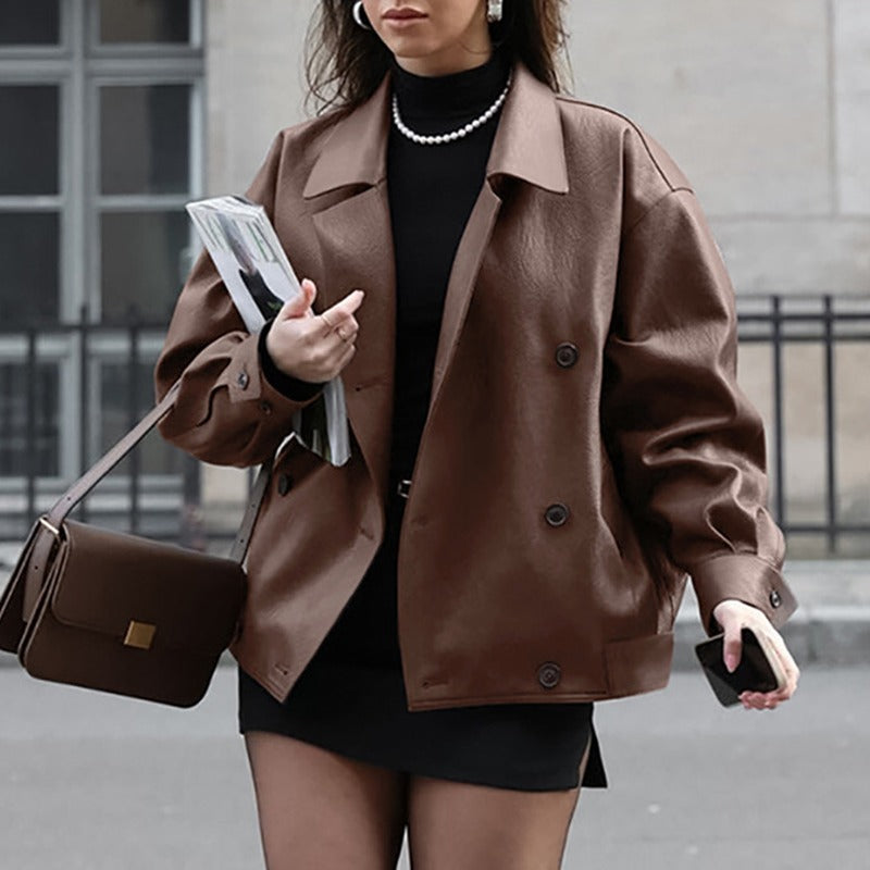 Faux Leather Double-Breasted Oversized Jacket - Brown