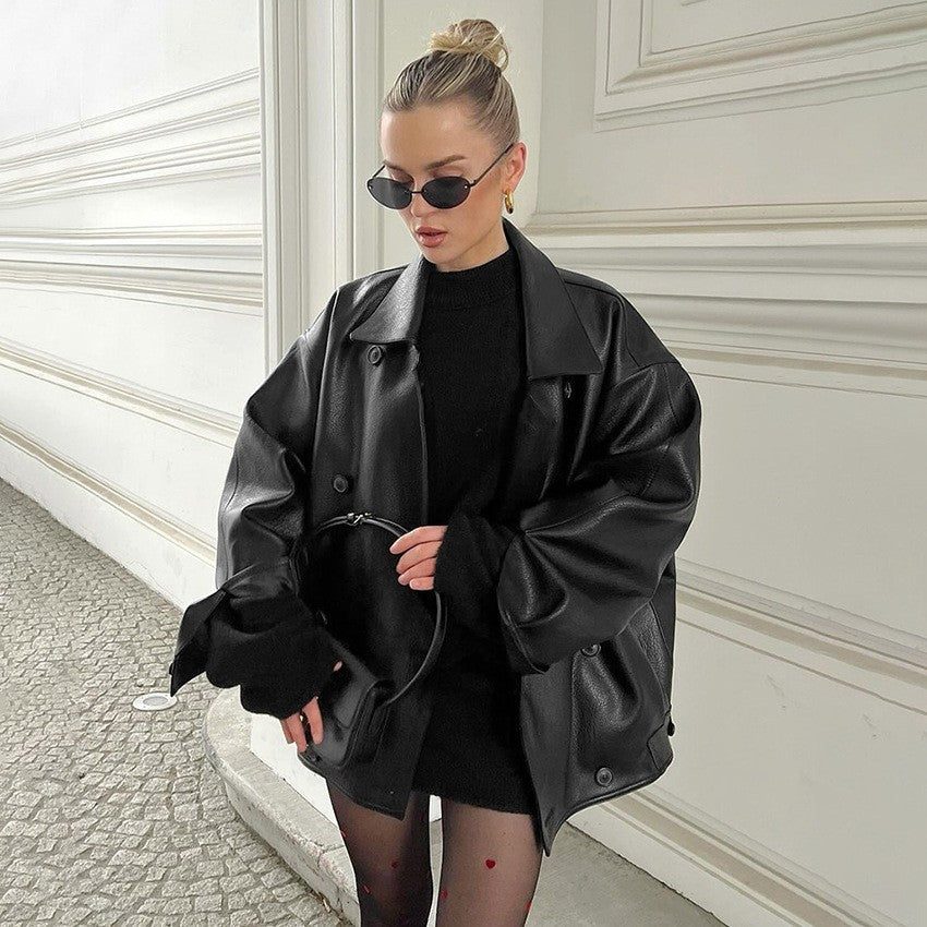 Faux Leather Double-Breasted Oversized Jacket