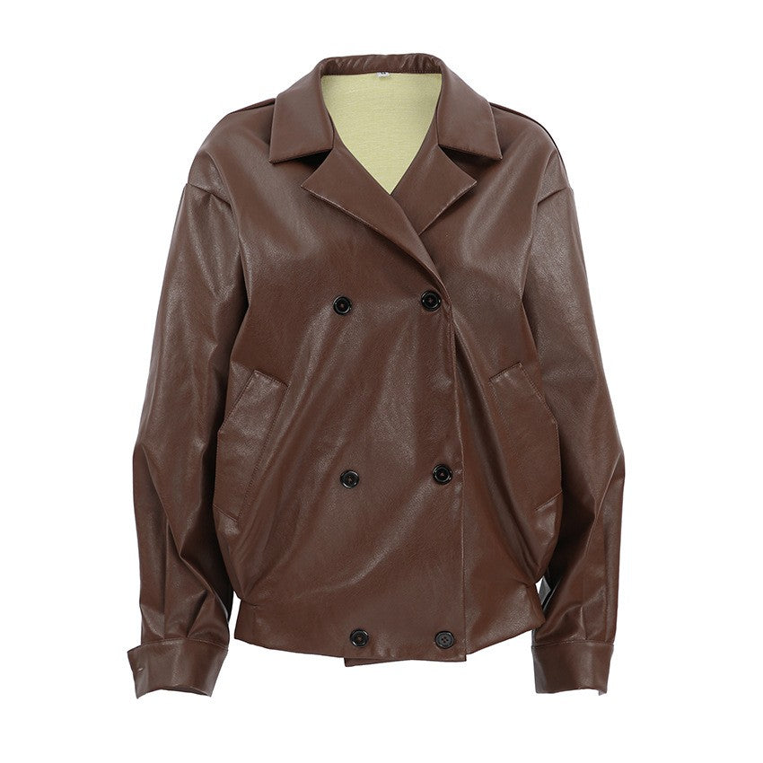 Faux Leather Double-Breasted Oversized Jacket
