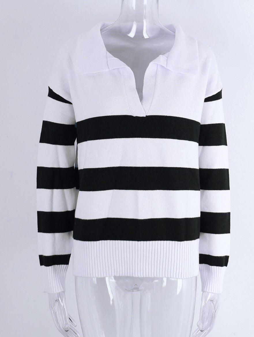 Bold Stripe Johnny Collar Sweater - Black - 2