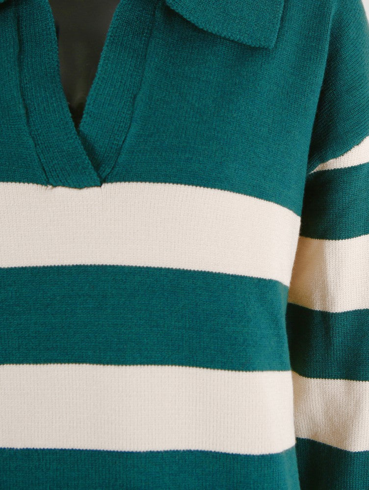 Bold Stripe Johnny Collar Sweater - Green - 3