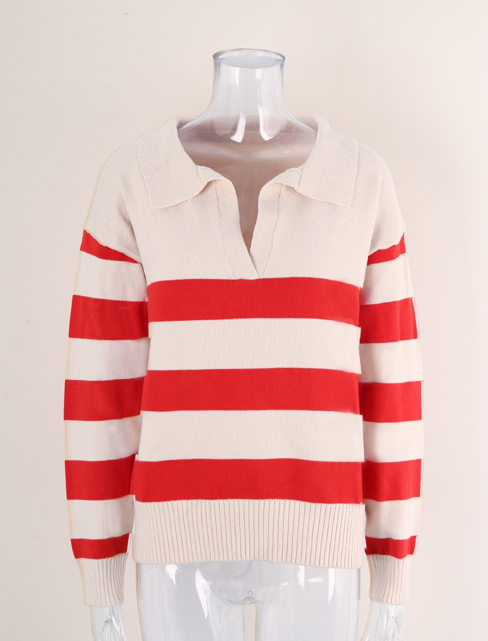 Bold Stripe Johnny Collar Sweater - Red - 2