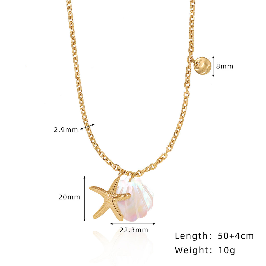 Seashell And Starfish Charm Chain Necklace - Gold - 1
