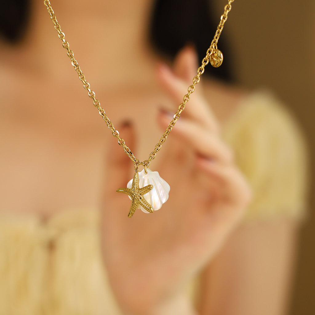 Seashell And Starfish Charm Chain Necklace - Gold - 3
