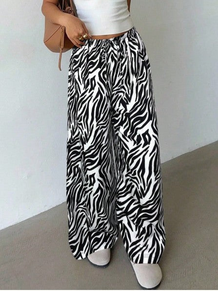 Flowy Printed Drawstring Palazzo Pants - Zebra