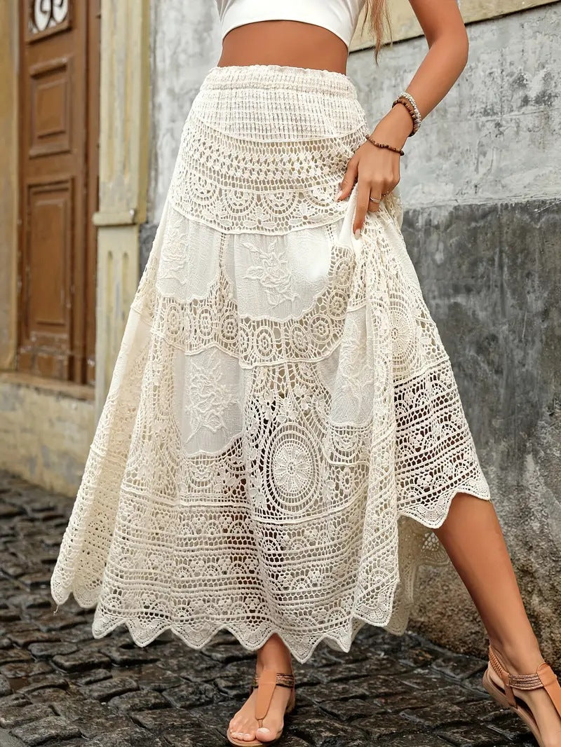 Openwork Crochet Scalloped Hem Maxi Skirt - beige