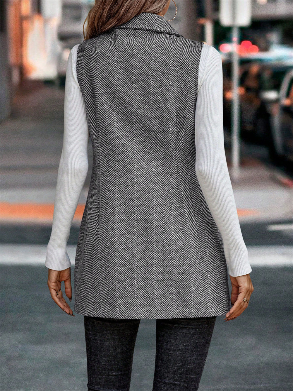 Double Breasted Longline Sleeveless Blazer Vest - Grey - 3
