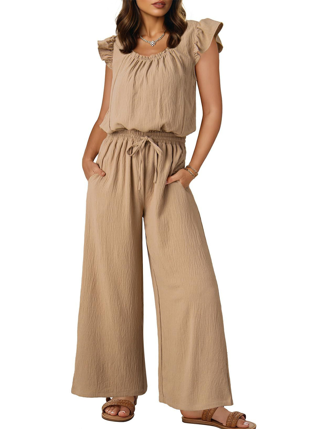 Ruffle Sleeve Square Neck Wide Leg Set - Apricot