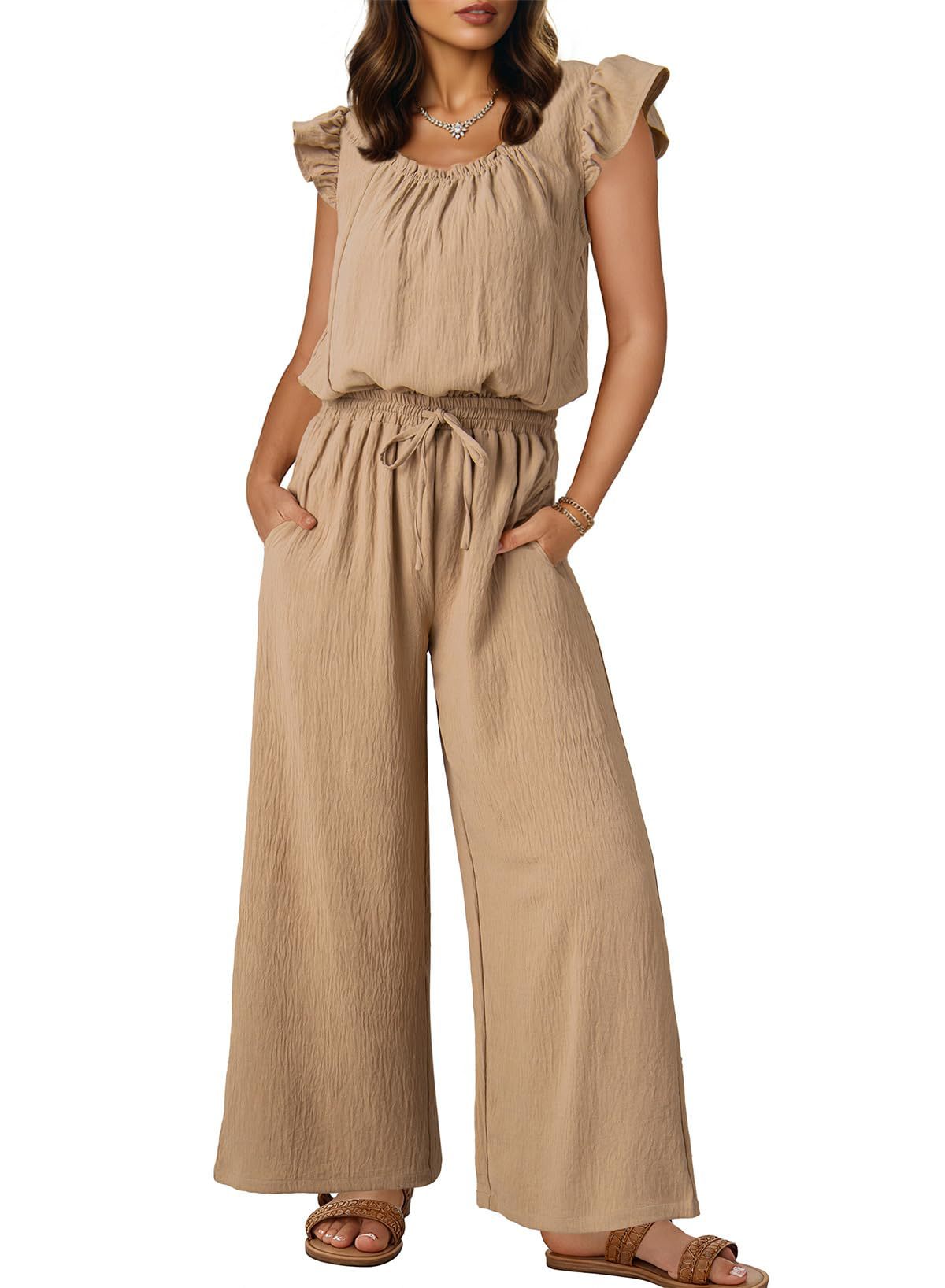Ruffle Sleeve Square Neck Wide Leg Set - Apricot