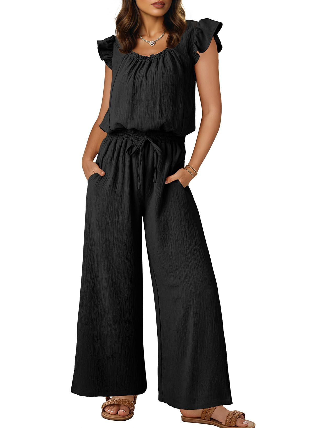 Ruffle Sleeve Square Neck Wide Leg Set - Black