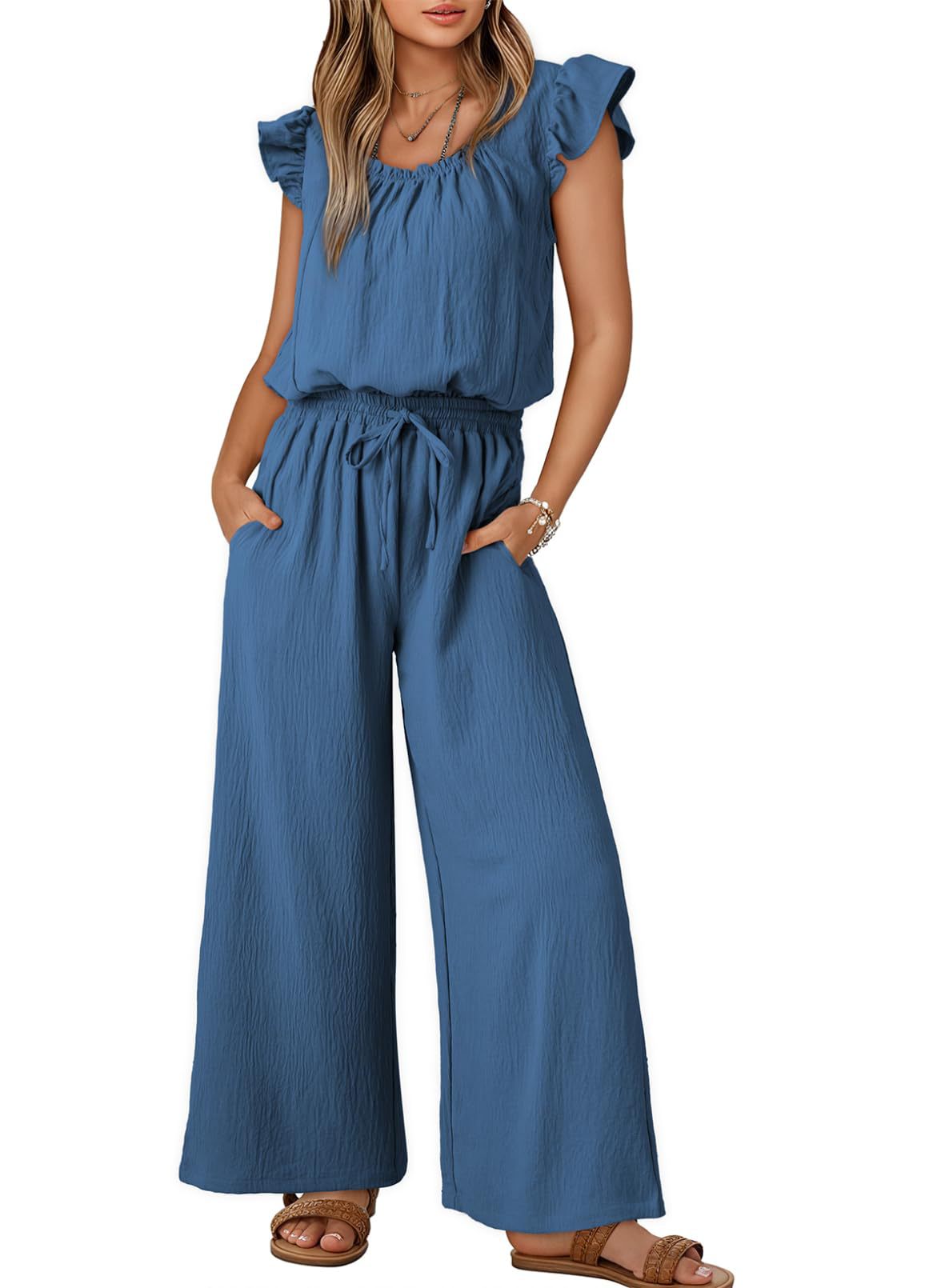 Ruffle Sleeve Square Neck Wide Leg Set - Blue