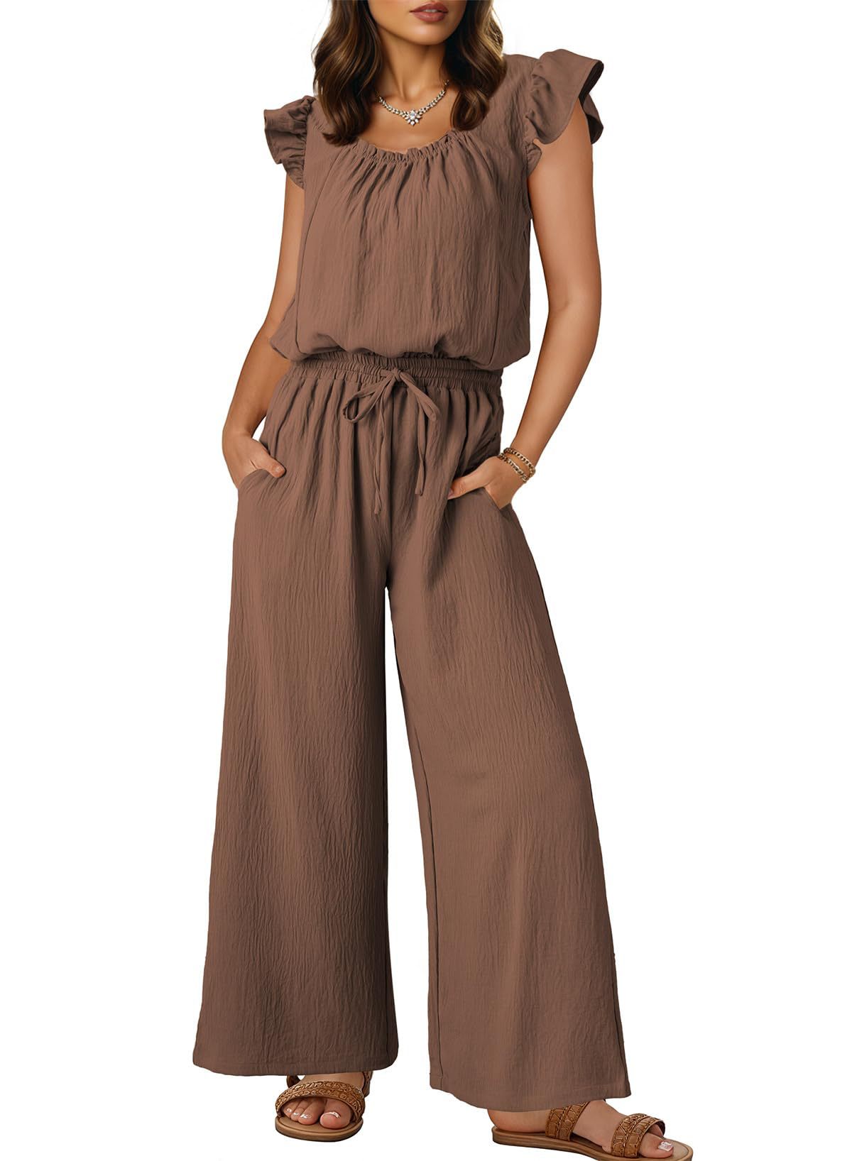 Ruffle Sleeve Square Neck Wide Leg Set - Khaki