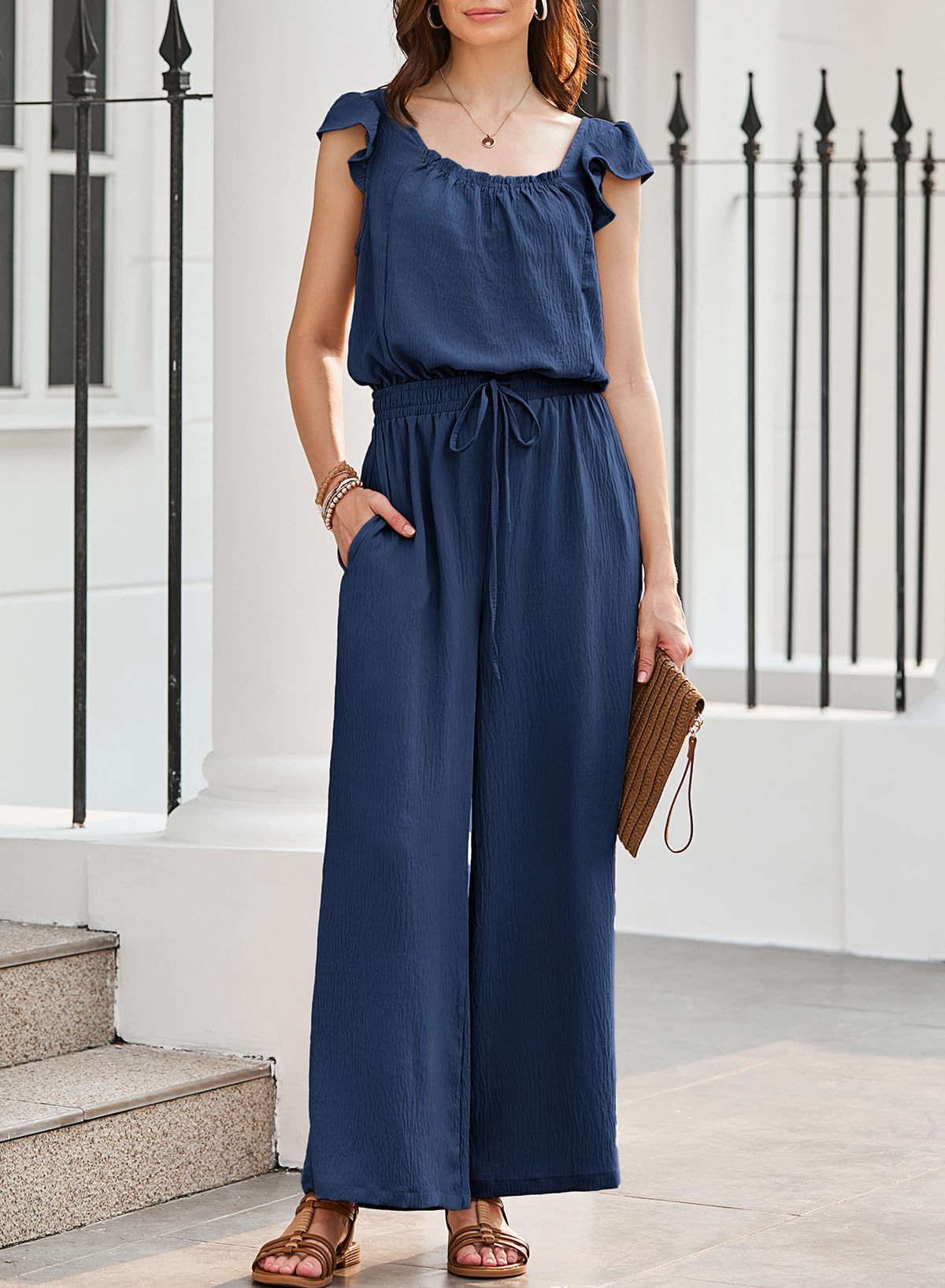 Ruffle Sleeve Square Neck Wide Leg Set - Navyblue