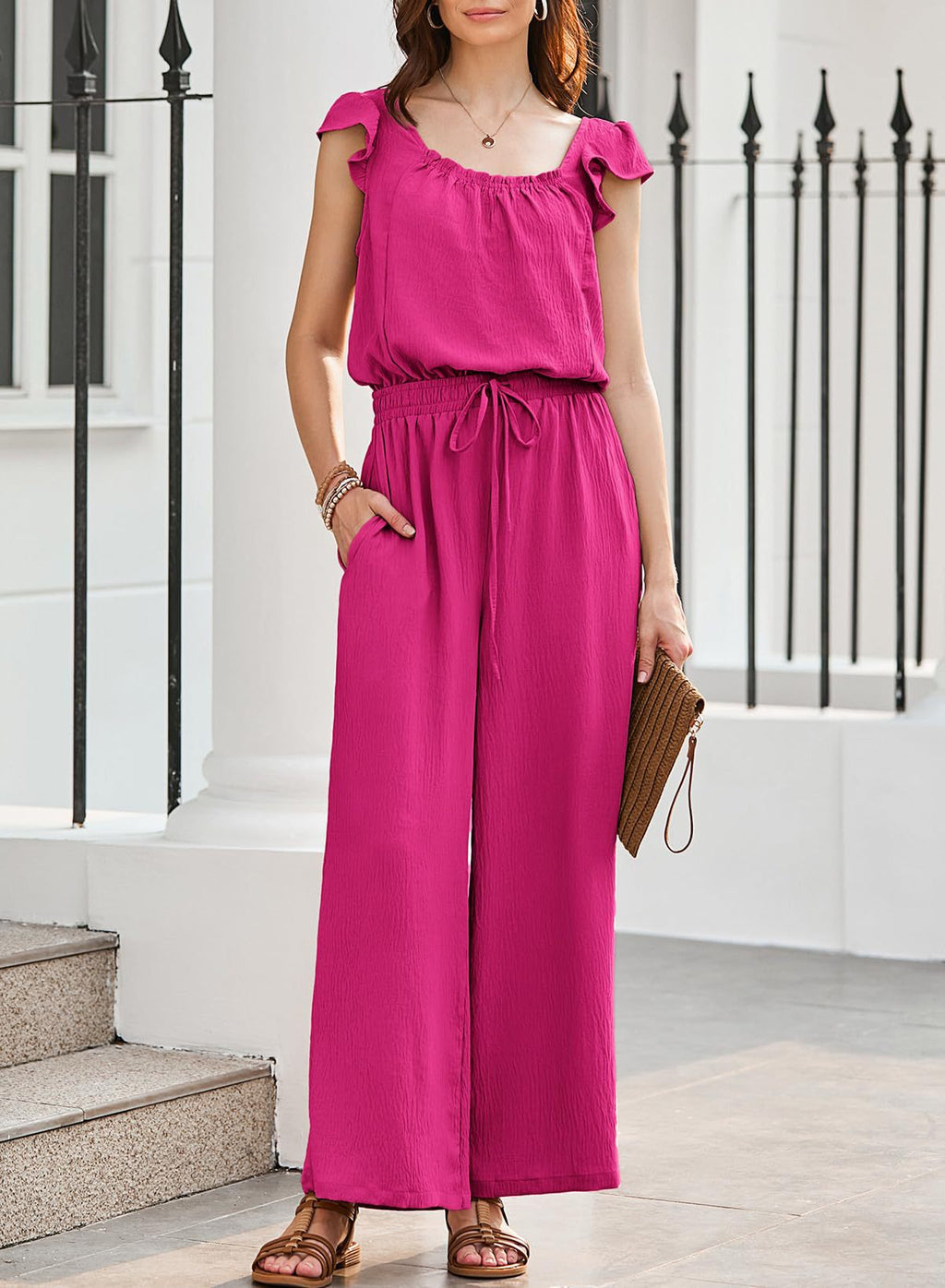 Ruffle Sleeve Square Neck Wide Leg Set - Rosered
