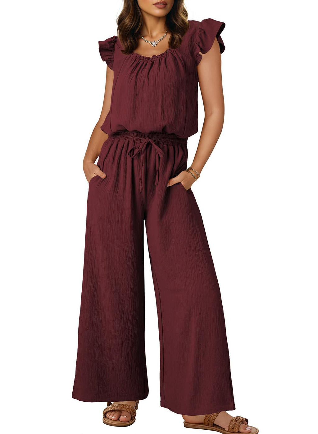 Ruffle Sleeve Square Neck Wide Leg Set - Winered