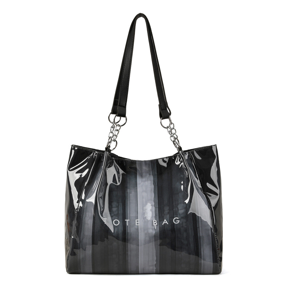 Glossy Ombre Stripe Shoulder Tote Bag - Black