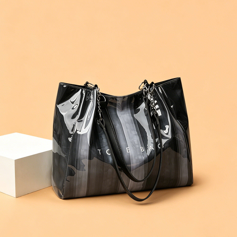 Glossy Ombre Stripe Shoulder Tote Bag - Black - 1